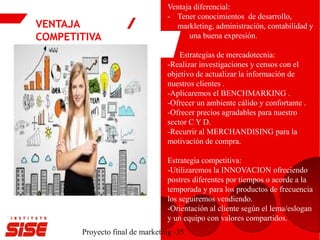 VENTAJA
COMPETITIVA
Proyecto final de marketing -35
Ventaja diferencial:
- Tener conocimientos de desarrollo,
markleting, administración, contabilidad y
una buena expresión.
Estrategias de mercadotecnia:
-Realizar investigaciones y censos con el
objetivo de actualizar la información de
nuestros clientes .
-Aplicaremos el BENCHMARKING .
-Ofrecer un ambiente cálido y confortante .
-Ofrecer precios agradables para nuestro
sector C Y D.
-Recurrir al MERCHANDISING para la
motivación de compra.
Estrategia competitiva:
-Utilizaremos la INNOVACION ofreciendo
postres diferentes por tiempos o acorde a la
temporada y para los productos de frecuencia
los seguiremos vendiendo.
-Orientación al cliente según el lema/eslogan
y un equipo con valores compartidos.
 