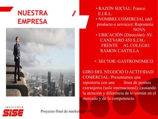 NUESTRA
EMPRESA
Proyecto final de marketing -04
• RAZÓN SOCIAL: Franco
E.I.R.L.
• NOMBRE COMERCIAL (del
producto o servicio): Repostería
NOVA
• UBICACIÓN (Dirección): AV.
CANEVARO 450 S.J.M.-
FRENTE AL COLEGIO
RAMON CASTILLA
• SECTOR: GASTRONOMICO
GIRO DEL NEGOCIO O ACTIVIDAD
COMERCIAL: Presentamos una
repostería con una línea de postres
extranjeros (solo internacional), causando
la atención y diferencia de lo común en el
mercado y de la competencia.
 
