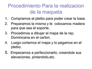 Procedimiento Para la realizacion 
de la maqueta 
1. Compramos el pleibo para poder crear la base. 
2. Preparamos la misma y le colocamos madera 
para que sea el soporte. 
3. Procedimos a dibujar el mapa de la rep. 
Dominicana en el carton. 
4. Luego cortamos el mapa y lo pegamos en el 
pleibo. 
5. Empezamos a perfeccionarlo, creandole sus 
elevaciones, pintandolo,etc. 
 