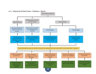 12
1.1.1. Elaboración De Árbol Causas – Problemas – Efectos.
Altos niveles de pobreza
Baja Producción
Dificultad para el acceso
a servicios básicos
Baja disponibilidad de
capital económico y
recursos
Bajos ingresos económicos
de los productores de
membrillo
Dificultad para la
adquisición de créditos
bancarios, insumos y
equipos.
Prácticas convencionales
de agricultura en el cultivo
de membrillo.
Baja calidad de producción
de fruto de Membrillo por
Fito enfermedades.
Baja Rentabilidad
Precios Bajos Precios Bajos
Sobre producción de
membrillo de otros
mercados
Baja productividad del cultivo de membrillo en el caserío de Anispampa, Distrito de San Bernardino, Provincia de San Pablo - Cajamarca
Deficiente organización
de productores.
Débil asesoramiento
técnico para la
producción de membrillo
Escasa asistencia técnica
en producción de
semillas.
Limitada participación
organizada de los
productores de
membrillo
Falta de innovación
tecnológica en el manejo
del cultivo.
Falta de producción de
semillas certificadas de
membrillo.
Deficiente tecnología de
cosecha y valor agregado
Escases de conocimiento
de mercadeo.
Limitado conocimiento
de comercialización de
membrillo
No existe tecnología de
cosecha y valor agregado.
 
