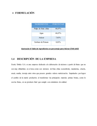  FORMULACIÓN
1.4 DESCRIPCIÓN DE LA EMPRESA
Exotic Drinks S.A. es una empresa dedicada a la elaboración de néctares a partir de frutas que no
son muy difundidas en el área como son néctares de fruta china (carambola), mandarina, ciruela,
arazá, sandia, toronja entre otras que poseen grandes valores nutricionales. Impulsados por lograr
el cambio de la matriz productiva al transformar las principales materias primas brutas, como lo
son las frutas, en un producto final que cumple con estándares de calidad.
INGREDIENTES PORCENTAJE
Pulpa de fruta china 46,07%
Agua 46,07%
Azúcar 7,83%
Sorbato de Potasio 0,03%
Ilustración 8 Tabla de ingredientes en porcentaje para Néctar STAR JUICE
 