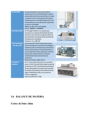 Desaireador Un desaireadorfuncionatomandoel
líquidoque entray dividiéndoloengotas
para posteriormenteconvertirlasenvapor
y separarel aire y otros gasesdel vapora
medidaque se va condensandoéste.Esta
compuestopor:una cámara de expansión
enacero inoxidable.
Material:316 aceroinoxidable.
Gama: 1000KW a 16000kW
Homegenizador El homogenizadoresunequipoque
consta de un sistemade bombeode alta
presiónyuna válvulao juegode válvulas
que permitenlareduccióndel tamañode
laspartículas coloidales
Potencia:11 a 200 kW
Intercambiador
de calor UHT
El procesoUHT (AltaTemperaturapara
Corto Tiempo) esunprocesotecnológico
modernoyde innovaciónque consisteen
llevarvelozmenteunfluidoalimenticioa
una temperaturaaltay despuésunbreve
tiempode mantenimiento,enfriarlo
velozmente hastalatemperatura
ambiente.
Requerimientos:230V/50 Hz
Llenadora
aséptica
Es un sistemade flujolibre,sincontacto
para un fácil,llenadolibre de gérmenesde
productosenPET y botellasde polietileno
de alta densidadencondicionesestériles.
Se puede utilizarparael llenadode leche,
yogur,bebidasde café y loszumosde
frutasy vegetales.
Potenciaeléctrica:7kW.
3.6 BALANCE DE MATERIA
Cortes de fruta china
 