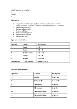 printf("la opcion no es valida");
}
return 0;
}
Operadores
•
•
•
•
•
•
•

Son palabras o símbolos que implican una acción sobre ciertas variables.
Pueden ser unarios (1 variable), binarios(2 variables) o ternarios (3 variables).
Operadores Aritméticos
Operadores Relacionales
Operadores Lógicos
Operadores de Asignación
Operadores de Dirección
Operadores de Bits

Operadores Aritméticos
Operador

Nombre

Descripción

+

Suma

5+2 → 7

-

Resta

5-2 → 3

*

Multiplicación

5*2 → 10

/

División

5/2 → 2

%

Módulo

5%2 → 1

(tipo de dato)

“Cast” forzado

(double)5 → 5.0

Operadores Relacionales
Operador

Nombre

Descripción

==

Igual a

if (a==„s‟)

!=

Diferente de

if (a!=null)

>

Mayor que

if (a>0.5)

<

Menor que

if (a<2l)

>=

Mayor o igual que

if (a>=2f)

<=

Menor o igual que

if (a<=3)

 