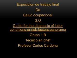 Expocicion de trabajo final
                De
        Salud ocupacional
               S.O
  Guide for the diagnosis of labor
conditions or risk factors panorama
            Grupo 1 B
         Tecnico en chef
     Profesor Carlos Cardona
 