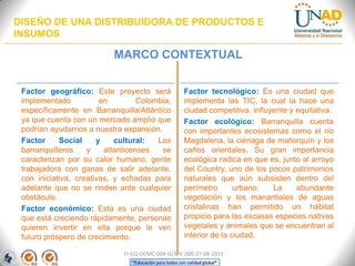 DISEÑO DE UNA DISTRIBUIDORA DE PRODUCTOS E
INSUMOS

MARCO CONTEXTUAL
Factor geográfico: Este proyecto será
implementado
en
Colombia,
específicamente en Barranquilla/Atlántico
ya que cuenta con un mercado amplio que
podrían ayudarnos a nuestra expansión.
Factor
Social
y
cultural:
Los
barranquilleros
y
atlanticenses
se
caracterizan por su calor humano, gente
trabajadora con ganas de salir adelante,
con iniciativa, creativas, y echadas para
adelante que no se rinden ante cualquier
obstáculo.
Factor económico: Esta es una ciudad
que está creciendo rápidamente, personas
quieren invertir en ella porque le ven
futuro próspero de crecimiento.

Factor tecnológico: Es una ciudad que
implementa las TIC, la cual la hace una
ciudad competitiva, influyente y equitativa.
Factor ecológico: Barranquilla cuenta
con importantes ecosistemas como el río
Magdalena, la ciénaga de mallorquín y los
caños orientales. Su gran importancia
ecológica radica en que es, junto al arroyo
del Country, uno de los pocos patrimonios
naturales que aún subsisten dentro del
perímetro
urbano.
La
abundante
vegetación y los manantiales de aguas
cristalinas han permitido un hábitat
propicio para las escasas especies nativas
vegetales y animales que se encuentran al
interior de la ciudad.

FI-GQ-OCMC-004-015 V. 000-27-08-2011
“Educación para todos con calidad global”

 
