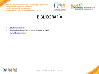 Escuela de Ciencias Básicas, Tecnología e Ingeniería
Programa de Ingeniería Industrial
Diseño de Plantas Industriales
Sustentación Oral Proyecto Aplicado - 2013II

BIBLIOGRAFÍA
•
•
•

www.youtube.com
Módulo Diseño de Plantas Industriales de la UNAD.
www.5Dplanner.com

FI-GQ-GCMU-004-015 V. 001-17-04-2013

 