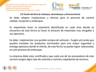 Escuela de Ciencias Básicas, Tecnología e Ingeniería
Programa de Ingeniería Industrial
Diseño de Plantas Industriales
Sustentación Oral Proyecto Aplicado - 2013II

2.2 Diseño del Área de embarque, desembarque y almacenamiento

Se debe adaptar instalaciones y oficinas para el personal de control
calidad, recepción y embarque.
Es importante tener la estantería identificada en cada área donde se
encuentra de esta forma es hacer el almacén de materiales mas amigable a
sus operarios.
Se debe implementar una posible compra de vehículo – furgón y/o turbo que
puedan trasladar los productos terminados para una mayor seguridad y
entrega oportuna donde el cliente, de esta forma se puede lograr sobrecostos
en este proceso de embarque.
La empresa debe estar certificada y que cada uno de los proveedores de este
servicio tengan algún tipo de contrato o control y expediente de terceros.

FI-GQ-GCMU-004-015 V. 001-17-04-2013

 