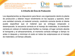 Escuela de Ciencias Básicas, Tecnología e Ingeniería
Programa de Ingeniería Industrial
Diseño de Plantas Industriales
Sustentación Oral Proyecto Aplicado - 2013II

2.3 Diseño del Área de Producción
Los departamentos se dispusieron para llevar una organización dentro la planta
de producción y obtener mayor rendimiento en los equipos y operario, tener
una cantidad correcta, el material correcto, condición correcta donde el cliente
puede especificar que el material que se entregue empacado o
desempacado, la secuencia correcta en el manejo de materiales, la orientación
correcta en colocar el material para facilitar su manejo, el lugar correcto aborda
el transporte y el almacenamiento, el momento correcto entregar a tiempo no
antes ni después y minimizar el costo en todos los subprocesos en el manejo
de materiales y el tiempo utilizado.

FI-GQ-GCMU-004-015 V. 001-17-04-2013

 