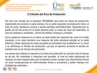 Escuela de Ciencias Básicas, Tecnología e Ingeniería
Programa de Ingeniería Industrial
Diseño de Plantas Industriales
Sustentación Oral Proyecto Aplicado - 2013II

2.3 Diseño del Área de Producción
Por eso una ventaja de la empresa TECNIMAG que tiene las áreas de producción
organizadas de acuerdo a cada proceso. En la parte izquierda de producción tiene; el
área de corte, dobladura, pintura y piezas apiladas semielaboradas. Separado por un
pasillo de 2m de ancho en la parte derecha está: la mesa de trazo de materiales, el
área de soldadura, ensamble, control de calidad, empaque y almacén.
Como podemos observar en el plano se tiene todas las maquinas de corte en el lado
izquierdo, si en caso contrario una maquina de corte estuviera ubicada en la parte
derecha y otras maquinas en parte izquierda se aumentaría los accidentes en ir y venir
y se disminuye el tiempo de producción, ya que el operario aumenta el tiempo en
traslado mas no en tiempo de producción.
Las tareas que realizan el operario en el área de producción su posición todo el tiempo
es de pie, los materiales y maquinas son grandes, la cual en cada subproceso se
requiere un buen espacio para que el operario pueda manejar sus movimientos físicos
sin sufrir consecuencias en enfermedades físicas o accidentes y poder manejar con
facilidad los materiales.
FI-GQ-GCMU-004-015 V. 001-17-04-2013

 
