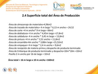 Escuela de Ciencias Básicas, Tecnología e Ingeniería
Programa de Ingeniería Industrial
Diseño de Plantas Industriales
Sustentación Oral Proyecto Aplicado - 2013II

2.4 Superficie total del Área de Producción
-Área de almacenaje de materiales=4,96m2
-Área de trazado de materiales= 4 m largo * 6,13 m ancho = 24,52
-Área de corte =4 m ancho* 9 m largo =36m2
-Área de dobladura= 4 m ancho * 4,45m largo =17,8m2
-Área de soldadura= 4 m ancho * 3,45 m largo = 13,8m2
-Área de pintura =4 m ancho * 2,51 ancho = 11,8m2
-Área de ensamble=4m ancho * 3,88m largo =15,52m2
-Área de empaque= 4 m largo * 2,4 m ancho = 9,6m2
-Área de recepción de materia prima y despacho de producto terminado
-Área de Embarque de producto terminado y despacho=10m*10m =10m2
-Pasillo 2 m ancho por 16 de largo = 32m2
Área total = 16 m largo x 10 m ancho =160m2

FI-GQ-GCMU-004-015 V. 001-17-04-2013

 