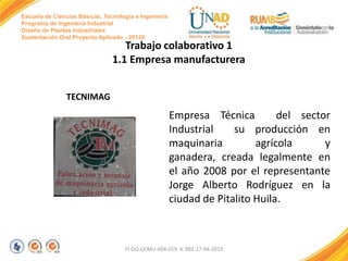 Escuela de Ciencias Básicas, Tecnología e Ingeniería
Programa de Ingeniería Industrial
Diseño de Plantas Industriales
Sustentación Oral Proyecto Aplicado - 2013II

Trabajo colaborativo 1
1.1 Empresa manufacturera

TECNIMAG

Empresa Técnica
del sector
Industrial
su producción en
maquinaria
agrícola
y
ganadera, creada legalmente en
el año 2008 por el representante
Jorge Alberto Rodríguez en la
ciudad de Pitalito Huila.

FI-GQ-GCMU-004-015 V. 001-17-04-2013

 