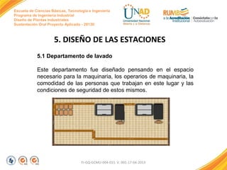 Escuela de Ciencias Básicas, Tecnología e Ingeniería
Programa de Ingeniería Industrial
Diseño de Plantas Industriales
Sustentación Oral Proyecto Aplicado - 2013II

5. DISEÑO DE LAS ESTACIONES
5.1 Departamento de lavado
Este departamento fue diseñado pensando en el espacio
necesario para la maquinaria, los operarios de maquinaria, la
comodidad de las personas que trabajan en este lugar y las
condiciones de seguridad de estos mismos.

FI-GQ-GCMU-004-015 V. 001-17-04-2013

 