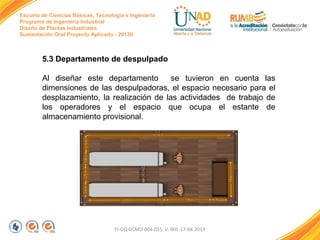 Escuela de Ciencias Básicas, Tecnología e Ingeniería
Programa de Ingeniería Industrial
Diseño de Plantas Industriales
Sustentación Oral Proyecto Aplicado - 2013II

5.3 Departamento de despulpado
Al diseñar este departamento
se tuvieron en cuenta las
dimensiones de las despulpadoras, el espacio necesario para el
desplazamiento, la realización de las actividades de trabajo de
los operadores y el espacio que ocupa el estante de
almacenamiento provisional.

FI-GQ-GCMU-004-015 V. 001-17-04-2013

 