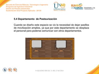 Escuela de Ciencias Básicas, Tecnología e Ingeniería
Programa de Ingeniería Industrial
Diseño de Plantas Industriales
Sustentación Oral Proyecto Aplicado - 2013II

5.4 Departamento de Pasteurización
Cuando se diseño este espacio se vio la necesidad de dejar pasillos
de movilización amplios, ya que por este departamento se desplaza
el personal para poderse comunicar con otros departamentos.

FI-GQ-GCMU-004-015 V. 001-17-04-2013

 