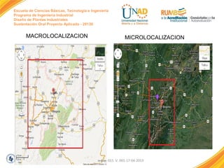 Escuela de Ciencias Básicas, Tecnología e Ingeniería
Programa de Ingeniería Industrial
Diseño de Plantas Industriales
Sustentación Oral Proyecto Aplicado - 2013II

MACROLOCALIZACION

MICROLOCALIZACION

FI-GQ-GCMU-004-015 V. 001-17-04-2013

 