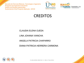 Escuela de Ciencias Básicas, Tecnología e Ingeniería
Programa de Ingeniería Industrial
Diseño de Plantas Industriales
Sustentación Oral Proyecto Aplicado - 2013II

CREDITOS

CLAUDIA ELENA OJEDA
LINA JOHANA VIANCHA
ANGELA PATRICIA CHAPARRO
DIANA PATRICIA HERRERA CARMONA

FI-GQ-GCMU-004-015 V. 001-17-04-2013

 