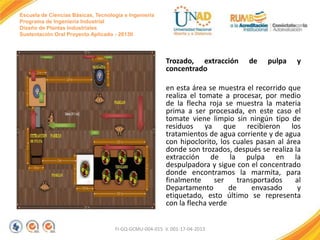 Escuela de Ciencias Básicas, Tecnología e Ingeniería
Programa de Ingeniería Industrial
Diseño de Plantas Industriales
Sustentación Oral Proyecto Aplicado - 2013II

Trozado, extracción
concentrado

de

pulpa

y

en esta área se muestra el recorrido que
realiza el tomate a procesar, por medio
de la flecha roja se muestra la materia
prima a ser procesada, en este caso el
tomate viene limpio sin ningún tipo de
residuos ya que recibieron los
tratamientos de agua corriente y de agua
con hipoclorito, los cuales pasan al área
donde son trozados, después se realiza la
extracción de la pulpa en la
despulpadora y sigue con el concentrado
donde encontramos la marmita, para
finalmente
ser
transportados
al
Departamento
de
envasado
y
etiquetado, esto último se representa
con la flecha verde
FI-GQ-GCMU-004-015 V. 001-17-04-2013

 