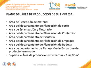Escuela de Ciencias Básicas, Tecnología e Ingeniería
Programa de Ingeniería Industrial
Diseño de Plantas Industriales
Sustentación Oral Proyecto Aplicado - 2013II

PLANO DEL ÁREA DE PRODUCCIÓN DE SU EMPRESA:
•
•
•
•
•
•
•
•

Área de Recepción de material
Área del departamento de Planeación de corte
Área de Estampación y Tinturacion
Área del departamento de Planeación de Confección
Área del departamento de Bisutería
Área del departamento de Planeación de Empaque
Área del departamento de Planeación de Bodega
Área de departamento de Planeación de Embarque del
producto terminado
• Superficie Área de producción y Embarque= 154,22 m2
FI-GQ-GCMU-004-015 V. 001-17-04-2013

 