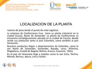 Escuela de Ciencias Básicas, Tecnología e Ingeniería
Programa de Ingeniería Industrial
Diseño de Plantas Industriales
Sustentación Oral Proyecto Aplicado - 2013II

LOCALIZACION DE LA PLANTA
razones de peso desde el punto de vista Logístico.
La empresa de Confecciones Cruz tiene su planta Industrial en la
ciudad Cúcuta, Norte de Santander. La planta de Confecciones se
encuentra estratégicamente ubicada en la ciudad de Cúcuta, donde
vende sus productos tanto al país Colombia, como también al país
Venezuela.
Nuestros productos llegan a departamentos de Colombia, como lo
son Norte de Santander, Santander, Boyada, cesar, Atlántico,
Magdalena, Ciudad de Bogotá, Bolívar, Arauca, Casanare, Meta.
En el país de Venezuela llega a estados como lo son Zulia, Táchira,
Mérida, Barinas, Apure, Lara y Falcón.

FI-GQ-GCMU-004-015 V. 001-17-04-2013

 