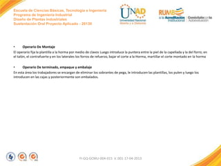Escuela de Ciencias Básicas, Tecnología e Ingeniería
Programa de Ingeniería Industrial
Diseño de Plantas Industriales
Sustentación Oral Proyecto Aplicado - 2013II

•
Operario De Montaje
El operario fija la plantilla a la horma por medio de clavos Luego introduce la puntera entre la piel de la capellada y la del forro; en
el talón, el contrafuerte y en los laterales los forros de refuerzo, bajar el corte a la Horma, martillar el corte montado en la horma
•
Operario De terminado, empaque y embalaje
En esta área los trabajadores se encargan de eliminar los sobrantes de pega, le introducen las plantillas, los pulen y luego los
introducen en las cajas y posteriormente son embalados.

FI-GQ-GCMU-004-015 V. 001-17-04-2013

 