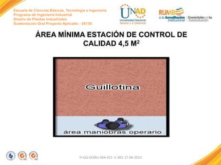 Escuela de Ciencias Básicas, Tecnología e Ingeniería
Programa de Ingeniería Industrial
Diseño de Plantas Industriales
Sustentación Oral Proyecto Aplicado - 2013II

ÁREA MÍNIMA ESTACIÓN DE CONTROL DE
CALIDAD 4,5 M2

FI-GQ-GCMU-004-015 V. 001-17-04-2013

 