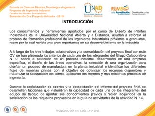 Escuela de Ciencias Básicas, Tecnología e Ingeniería
Programa de Ingeniería Industrial
Diseño de Plantas Industriales
Sustentación Oral Proyecto Aplicado - 2013II

INTRODUCCIÓN
Los conocimientos y herramientas aportados por el curso de Diseño de Plantas
Industriales de la Universidad Nacional Abierta y a Distancia, ayudan a reforzar el
proceso de formación profesional de los ingenieros Industriales próximos a graduarse,
razón por la cual reviste una gran importancia en su desenvolvimiento en la industria.
A lo largo de los tres trabajos colaborativos y la consolidación del proyecto final con este
OVI se han plasmado los criterios de cada uno de los integrantes del Grupo Colaborativo
N 9, sobre la selección de un proceso industrial desarrollado en una empresa
específica, el diseño de las áreas operativas, la selección de una organización para
diseñar un proceso de manufactura en la planta industrial e identificar los diferentes
flujos de materias primas con el objetivo de optimizar los recursos disponibles y
maximizar la satisfacción del cliente, aplicando los mejores y más eficientes procesos de
ingeniería.
Durante la socialización de aportes y la consolidación del informe del proyecto final, se
desarrollan facciones que vislumbran la capacidad de cada uno de los integrantes del
equipo de trabajo de aportar sus conocimientos previos y recién adquiridos en la
satisfacción de los requisitos propuestos en la guía de actividades de la actividad N 14.

FI-GQ-GCMU-004-015 V. 001-17-04-2013

 