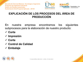 Escuela de Ciencias Básicas, Tecnología e Ingeniería
Programa de Ingeniería Industrial
Diseño de Plantas Industriales
Sustentación Oral Proyecto Aplicado - 2013II

EXPLICACIÓN DE LOS PROCESOS DEL ÁREA DE
PRODUCCIÓN
En nuestra empresa encontramos los siguientes
subprocesos para la elaboración de nuestro producto:
 Corte
 Impresión
 Corte
 Control de Calidad
 Embalaje

FI-GQ-GCMU-004-015 V. 001-17-04-2013

 