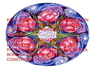 ESTA EXPERIENCIA ES SUMERGIRSE EN
LO MAS PROFUNDO DEL MAR PARA
VOLVER A RESURGIR DESDE LAS
CENIZAS
ES VOLVER A PENSARSE CON TODO
LOS ESTEREOTIPOS Y TODAS LAS
PAUTAS SOCIALES Y ECHARLOS POR LA
BORDA Y DECONSTRUIR LO
CONSTRUIDO .
 