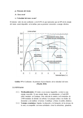 𝒑 : Potencia del viento
𝑨 : Área en m²
𝒗 : Velocidad del rotor en m/s²
El máximo valor de este coeficiente es de 0,593, lo que representa que un 60% de la energía
del viento estará disponible en la turbina para su posterior conversión a energía eléctrica.
Gráfico N°1: Coeficiente de potencia (Cp) en función de la velocidad del rotor.
(Martil, 2018)
2.1.VENTAJAS
2.1.1. Medioambientales: El viento es un recurso inagotable, es decir es una
energía renovable. Es una energía limpia, no contaminante y Cada MW
eólico instalado en Catalunya evita cada año la emisión en la atmósfera de
2.900 toneladas de dióxido de carbono. Los parques eólicos son fáciles de
desmontar y de reutilizar el terreno. Contribuye a frenar el cambio climático.
2.1.2. Ventajas económicas: Impulsa la educación y la formación de los jóvenes de
la zona, es compatible con otras actividades como la selvicultura, ganadería,
 