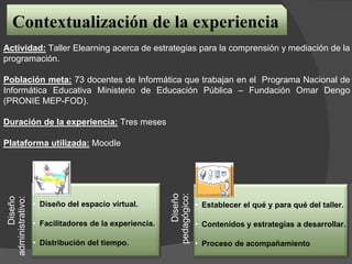 Actividad: Taller Elearning acerca de estrategias para la comprensión y mediación de la
programación.
Población meta: 73 docentes de Informática que trabajan en el Programa Nacional de
Informática Educativa Ministerio de Educación Pública – Fundación Omar Dengo
(PRONIE MEP-FOD).
Duración de la experiencia: Tres meses
Plataforma utilizada: Moodle
Diseño
administrativo:
• Diseño del espacio virtual.
• Facilitadores de la experiencia.
• Distribución del tiempo.
Diseño
pedagógico:
• Establecer el qué y para qué del taller.
• Contenidos y estrategias a desarrollar.
• Proceso de acompañamiento
Contextualización de la experiencia
 