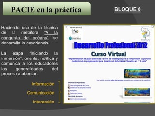 BLOQUE 0PACIE en la práctica
Haciendo uso de la técnica
de la metáfora “A la
conquista del océano”, se
desarrolla la experiencia.
La etapa “Iniciando la
inmersión”, orienta, notifica y
comunica a los educadores
las generalidades del
proceso a abordar.
Información
Comunicación
Interacción
 