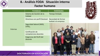 8.- Análisis FODA Situación interna
Factor humano
Gestión Estratégica Centro Educativo, Equipo 1
Fortalezas Debilidades
Internas
Sistema de Gestión de la
Calidad
Tiempo limitado
Directivos con perfil Doctoral Necesidad de formar
lealtad a la empresa
Seguridad laboral (IMSS,
STPS)..
Certificación de
competencias docentes
Exigencias del Perfil del
docente
 