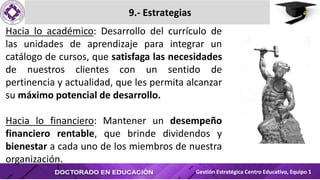 9.- Estrategias
Gestión Estratégica Centro Educativo, Equipo 1
Hacia lo académico: Desarrollo del currículo de
las unidades de aprendizaje para integrar un
catálogo de cursos, que satisfaga las necesidades
de nuestros clientes con un sentido de
pertinencia y actualidad, que les permita alcanzar
su máximo potencial de desarrollo.
Hacia lo financiero: Mantener un desempeño
financiero rentable, que brinde dividendos y
bienestar a cada uno de los miembros de nuestra
organización.
 
