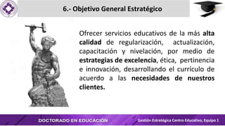 6.- Objetivo General Estratégico
Gestión Estratégica Centro Educativo, Equipo 1
Ofrecer servicios educativos de la más alta
calidad de regularización, actualización,
capacitación y nivelación, por medio de
estrategias de excelencia, ética, pertinencia
e innovación, desarrollando el currículo de
acuerdo a las necesidades de nuestros
clientes.
 