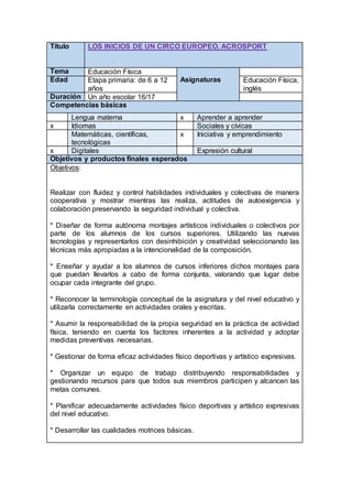 Título LOS INICIOS DE UN CIRCO EUROPEO. ACROSPORT
Tema Educación Física
Edad Etapa primaria: de 6 a 12
años
Asignaturas Educación Física,
inglés
Duración Un año escolar 16/17
Competencias básicas
Lengua materna x Aprender a aprender
x Idiomas Sociales y cívicas
Matemáticas, científicas,
tecnológicas
x Iniciativa y emprendimiento
x Digitales Expresión cultural
Objetivos y productos finales esperados
Objetivos:
Realizar con fluidez y control habilidades individuales y colectivas de manera
cooperativa y mostrar mientras las realiza, actitudes de autoexigencia y
colaboración preservando la seguridad individual y colectiva.
* Diseñar de forma autónoma montajes artísticos individuales o colectivos por
parte de los alumnos de los cursos superiores. Utilizando las nuevas
tecnologías y representarlos con desinhibición y creatividad seleccionando las
técnicas más apropiadas a la intencionalidad de la composición.
* Enseñar y ayudar a los alumnos de cursos inferiores dichos montajes para
que puedan llevarlos a cabo de forma conjunta, valorando que lugar debe
ocupar cada integrante del grupo.
* Reconocer la terminología conceptual de la asignatura y del nivel educativo y
utilizarla correctamente en actividades orales y escritas.
* Asumir la responsabilidad de la propia seguridad en la práctica de actividad
física, teniendo en cuenta los factores inherentes a la actividad y adoptar
medidas preventivas necesarias.
* Gestionar de forma eficaz actividades físico deportivas y artístico expresivas.
* Organizar un equipo de trabajo distribuyendo responsabilidades y
gestionando recursos para que todos sus miembros participen y alcancen las
metas comunes.
* Planificar adecuadamente actividades físico deportivas y artístico expresivas
del nivel educativo.
* Desarrollar las cualidades motrices básicas.
 