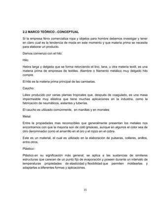 2.2 MARCO TEÓRICO - CONCEPTUAL

Si la empresa fénix comercializa ropa y objetos para hombre debemos investigar y tener
en claro cual es la tendencia de moda en este momento y que materia prima se necesita
para elaborar un producto.

Damos comienzo con el hilo:

Hilo:

Hebra larga y delgada que se forma retorciendo el lino, lana, u otra materia textil, es una
materia prima de empresas de textiles. Alambre o filamento metálico muy delgado hilo
compre.

El hilo es la materia prima principal de las camisetas.

Caucho:

Látex producido por varias plantas tropicales que, después de coagulado, es una masa
impermeable muy elástica que tiene muchas aplicaciones en la industria, como la
fabricación de neumáticos, aislantes y tuberías.

El caucho es utilizado comúnmente, en manillas y en morrales

Metal:

Entre la propiedades mas reconocibles que generalmente presentan los metales nos
encontramos con que la mayoría son de coló grisáceo, aunque en algunos el color sea de
otro denominador como el amarrillo en el oro y el rojizo en el cobre.

Este es un material, el cual es utilizado en la elaboración de pulseras, collares, anillos,
entre otros.

Plástico:

Plástico en su significación más general, se aplica a las sustancias de similares
estructuras que carecen de un punto fijo de evaporación y poseen durante un intervalo de
temperaturas propiedades de elasticidad y flexibilidad que permiten moldearlas y
adaptarlas a diferentes formas y aplicaciones.




                                              15
 