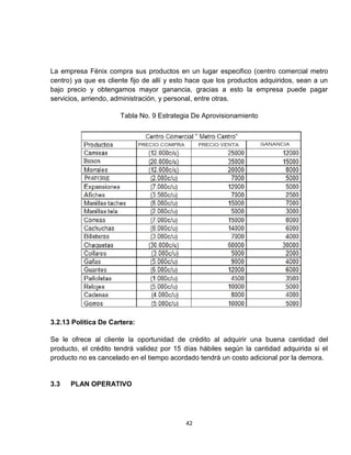 La empresa Fénix compra sus productos en un lugar especifico (centro comercial metro
centro) ya que es cliente fijo de allí y esto hace que los productos adquiridos, sean a un
bajo precio y obtengamos mayor ganancia, gracias a esto la empresa puede pagar
servicios, arriendo, administración, y personal, entre otras.

                      Tabla No. 9 Estrategia De Aprovisionamiento




3.2.13 Política De Cartera:

Se le ofrece al cliente la oportunidad de crédito al adquirir una buena cantidad del
producto, el crédito tendrá validez por 15 días hábiles según la cantidad adquirida si el
producto no es cancelado en el tiempo acordado tendrá un costo adicional por la demora.


3.3   PLAN OPERATIVO




                                           42
 