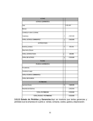 3.5.2.2 Estado de Pérdidas y Ganancias.Aquí se mostrara que tantas ganancias y
pérdidas tuvo la empresa en cuanto a ventas, compras, costos, gastos y depreciación.




                                        61
 