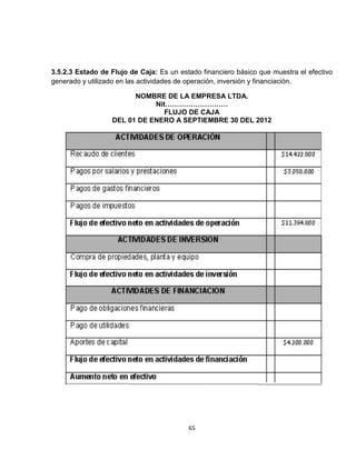 3.5.2.3 Estado de Flujo de Caja: Es un estado financiero básico que muestra el efectivo
generado y utilizado en las actividades de operación, inversión y financiación.

                        NOMBRE DE LA EMPRESA LTDA.
                             Nit………………………
                                FLUJO DE CAJA
                  DEL 01 DE ENERO A SEPTIEMBRE 30 DEL 2012




                                          65
 