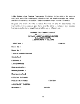 3.5.2.4 Notas a los Estados Financieros. El objetivo de las notas a los estados
financieros, es brindar los elementos necesarios para que aquellos usuarios que los lean,
puedan comprenderlos claramente, y puedan obtener la mayor información de ellos.

De poco sirve tener a la vista un estado financiero sin tener los documentos o la
información mínima necesaria para lograr entender cómo se realizaron esos estados
financieros, cuáles fueron las políticas contables que se utilizaron, etc.

                         NOMBRE DE LA EMPRESA LTDA.
                              Nit………………………
                       NOTAS A LOS ESTADOS FINANCIEROS
                              BALANCE GENERAL
                           A SEPTIEMBRE 30 DEL 2012

1. DISPONIBLE                                                    TOTALES

Banco No. 1

Banco No. 2

2. CUENTAS POR COBRAR

Cliente No. 1

Cliente No. 2

3. INVENTARIOS

Materia prima No.1

Materia prima No. 2

Materia prima No. 3

Productos en proceso

Productosterminados                                  2`547.000

4. MUEBLES Y ENSERES

Mueble No. 1                                    650.000




                                           66
 