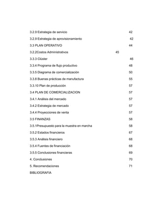 3.2.9 Estrategia de servicio                      42

3.2.9 Estrategia de aprovisionamiento             42

3.3 PLAN OPERATIVO                                44

3.2.2Costos Administrativos                  45

3.3.3 Clúster                                     46

3.3.4 Programa de flujo productivo                48

3.3.5 Diagrama de comercialización                50

3.3.8 Buenas prácticas de manufactura             55

3.3.10 Plan de producción                         57

3.4 PLAN DE COMERCIALIZACION                      57

3.4.1 Análisis del mercado                        57

3.4.2 Estrategia de mercado                       57

3.4.4 Proyecciones de venta                       57

3.5 FINANZAS                                      58

3.5.1Presupuesto para la muestra en marcha        58

3.5.2 Estados financieros                         67

3.5.3 Análisis financiero                         68

3.5.4 Fuentes de financiación                     68

3.5.5 Conclusiones financieras                    69

4. Conclusiones                                   70

5. Recomendaciones                                71

BIBLIOGRAFIA
 