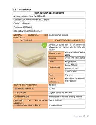 P á g i n a 13 | 32
3.5. Ficha técnica
FICHA TÉCNICA DEL PRODUCTO
Nombre de la empresa: CAÑAPLAST
Dirección: Av. América Norte. 1200, Trujillo
Ciudad: La Libertad
Teléfonos: 970331069
Sitio web: www.cañaplast.com.pe
NOMBRE COMERCIAL DEL
PRODUCTO:
Contenedor de comida.
FOTOGRAFÍA DESCRIPCIÓN DEL PRODUCTO
Envase pequeño con o sin divisiones
elaborado del bagazo de la caña de
azúcar.
Materia prima Fibra de caña de azúcar
(98%)
Insumos
Color Beige oscuro
Dimensiones
Largo 250 mm
Ancho 150 mm
Altura 90 mm
Peso 9 gramos
Usos y
aplicaciones
Recipiente para comida
fría y caliente
CÓDIGO DEL PRODUCTO 2010003
TIEMPO DE VIDA UTIL 90 días
DISPOSICION Caja de cartón de 200 unid.
CONSERVACIÓN Mantenerse en lugares secos y frescos
CANTIDAD DE PRODUCCIÓN
MENSUAL
24000 unidades
DISTRIBUCIÓN GEOGRÁFICA A nivel nacional
 