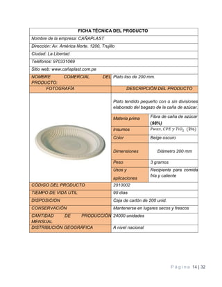 P á g i n a 14 | 32
FICHA TÉCNICA DEL PRODUCTO
Nombre de la empresa: CAÑAPLAST
Dirección: Av. América Norte. 1200, Trujillo
Ciudad: La Libertad
Teléfonos: 970331069
Sitio web: www.cañaplast.com.pe
NOMBRE COMERCIAL DEL
PRODUCTO:
Plato liso de 200 mm.
FOTOGRAFÍA DESCRIPCIÓN DEL PRODUCTO
Plato tendido pequeño con o sin divisiones
elaborado del bagazo de la caña de azúcar.
Materia prima Fibra de caña de azúcar
(98%)
Insumos
Color Beige oscuro
Dimensiones Diámetro 200 mm
Peso 3 gramos
Usos y
aplicaciones
Recipiente para comida
fría y caliente
CÓDIGO DEL PRODUCTO 2010002
TIEMPO DE VIDA UTIL 90 días
DISPOSICION Caja de cartón de 200 unid.
CONSERVACIÓN Mantenerse en lugares secos y frescos
CANTIDAD DE PRODUCCIÓN
MENSUAL
24000 unidades
DISTRIBUCIÓN GEOGRÁFICA A nivel nacional
 