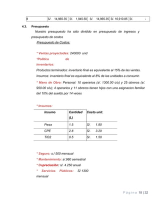P á g i n a 18 | 32
8 S/. 14,965.35 S/. 1,945.50 S/. 14,965.35 S/. 16,910.85 S/. -
4.3. Presupuesto
Nuestro presupuesto ha sido dividido en presupuesto de ingresos y
presupuesto de costos
Presupuesto de Costos:
* Ventas proyectadas: 240000 und
*Política de
inventarios:
Productos terminados: inventario final es equivalente al 15% de las ventas.
Insumos: inventario final es equivalente al 8% de las unidades a consumir.
* Mano de Obra: Personal: 10 operarios (s/. 1300.00 c/u) y 25 obreros (s/.
950.00 c/u); 4 operarios y 11 obreros tienen hijos con una asignacion familiar
del 10% del sueldo por 14 veces
* Insumos:
Insumo Cantidad
(L)
Costo unit.
Pwax 1.5 S/. 1.80
CPE 2.8 S/. 3.20
TiO2 0.5 S/. 1.50
* Seguro: s./ 500 mensual
* Mantenimiento: s/.980 semestral
* Depreciación: s/. 4.250 anual
* Servicios Públicos: S/.1300
mensual
 