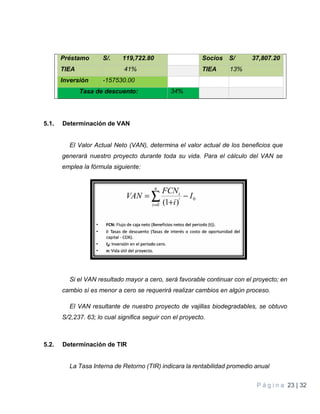 P á g i n a 23 | 32
5.1. Determinación de VAN
El Valor Actual Neto (VAN), determina el valor actual de los beneficios que
generará nuestro proyecto durante toda su vida. Para el cálculo del VAN se
emplea la fórmula siguiente:
Si el VAN resultado mayor a cero, será favorable continuar con el proyecto; en
cambio sí es menor a cero se requerirá realizar cambios en algún proceso.
El VAN resultante de nuestro proyecto de vajillas biodegradables, se obtuvo
S/2,237. 63; lo cual significa seguir con el proyecto.
5.2. Determinación de TIR
La Tasa Interna de Retorno (TIR) indicara la rentabilidad promedio anual
Préstamo S/. 119,722.80 Socios S/ 37,807.20
TIEA 41% TIEA 13%
Inversión -157530.00
Tasa de descuento: 34%
 