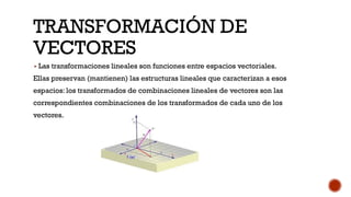 TRANSFORMACIÓN DE
VECTORES
▪ Las transformaciones lineales son funciones entre espacios vectoriales.
Ellas preservan (mantienen) las estructuras lineales que caracterizan a esos
espacios: los transformados de combinaciones lineales de vectores son las
correspondientes combinaciones de los transformados de cada uno de los
vectores.
 