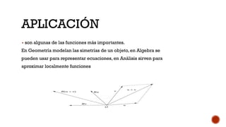 APLICACIÓN
▪ son algunas de las funciones más importantes.
En Geometría modelan las simetrías de un objeto, en Algebra se
pueden usar para representar ecuaciones, en Análisis sirven para
aproximar localmente funciones
 