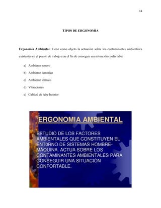 14
TIPOS DE ERGONOMIA
Ergonomía Ambiental: Tiene como objeto la actuación sobre los contaminantes ambientales
existentes en el puesto de trabajo con el fin de conseguir una situación confortable
a) Ambiente sonoro
b) Ambiente lumínico
c) Ambiente térmico
d) Vibraciones
e) Calidad de Aire Interior
 