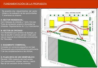 FUNDAMENTACIÓN DE LA PROPUESTA
De acuerdo a los requerimientos del sector
Urbano y la evaluación de las oportunidades
Y amenazas se propone:
A- SECTOR RESIDENCIAL:
Con 3 bloques de vivienda y 1 torre. Con sec
Tores de recreación propios y diversidad de
Unidades. Departamentos de 1,2 y 3 dormitorios.
B- SECTOR DE OFICINAS:
Con flexibilidad para cambios de tipología, ya
Sea de alquiler o compra parcial o total, para
Uso en especial de profesionales provenientes
De Tribunales.
C- BASAMENTO COMERCIAL:
Consisten en comercios pequeños con bajo
Presupuesto para emprendimientos particulares
Y de uso complementarios a las oficinas.
D- PLAZA SECA DE USO SEMIPUBLICO:
Elevada 1.20m respecto del nivel vereda.
Con equipamiento, arboles, bancos, y secto
Res de uso exclusivo de las viviendas.
 