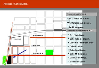 Accesos / Conectividad.
RIVADAVIA
BUEN VIAJE
BROWN
Av. Cañada de J. Ruiz
Comunicación N-S
Av. Vergara (Ac. Oeste).
Av. H. Yrigoyen
 Calle Alte. G. Brown.
 Calle N S. del Buen Viaje
 Calle B. Mitre.
 Calle 25 de Mayo.
 Calle 9 de Julio.
Comunicación interna A.C.
 Calle M. Belgrano.
 Av. Rivadavia.
 Calle San Martín.
 